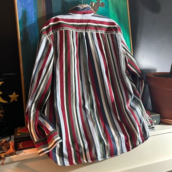 Vintage Y2K Tommy Hilfiger Red and Blue Striped Men's Shirt XL - Picture 16 of 16